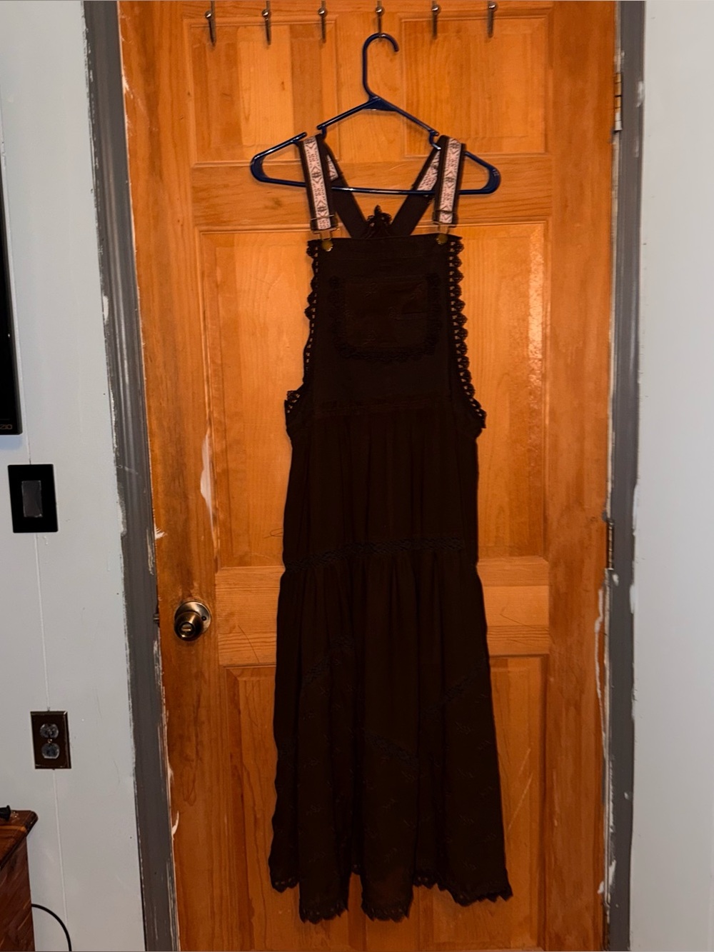 Women’s Brown Eyelet Bib Dress with Embroidered Straps